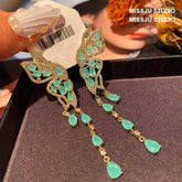 Butterfly Winged Tassel Gold Earrings Green